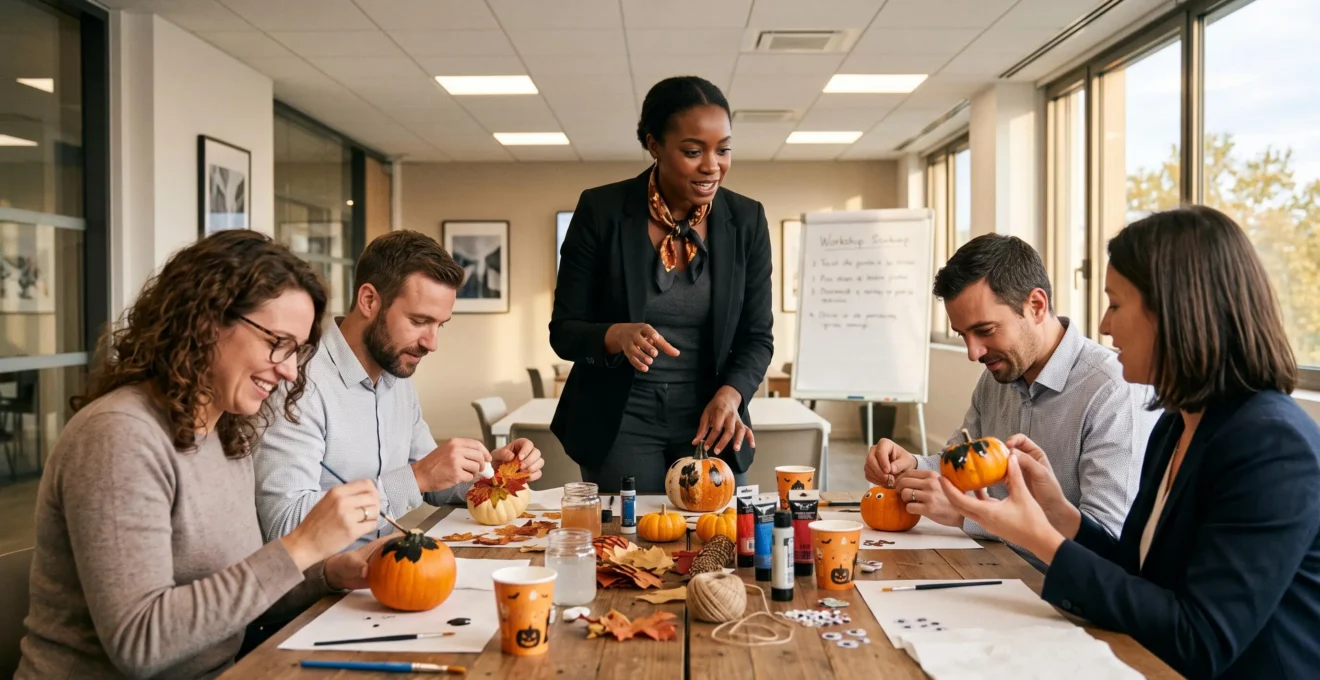Un animateur professionnel debout guide des collaborateurs adultes assis à une table lors d'un atelier créatif Halloween, participants concentrés sur l'activité manuelle avec matériaux de décoration.