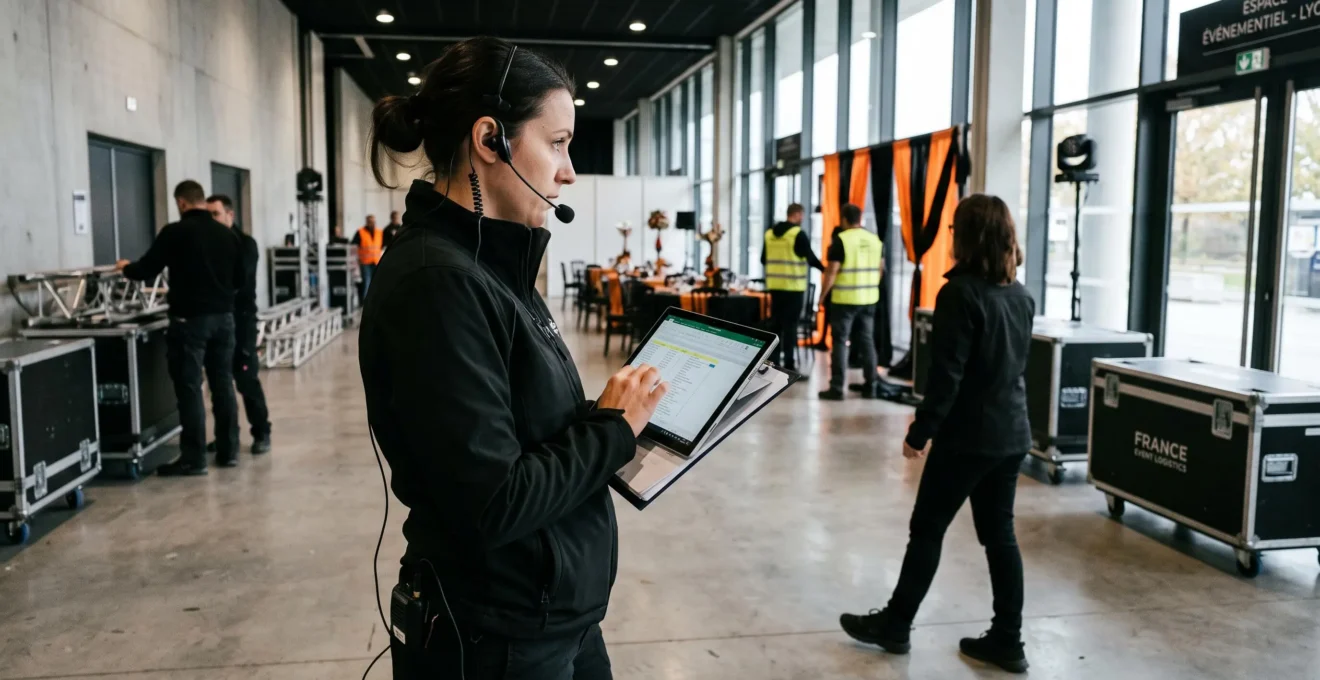 Coordinateur événementiel debout consultant une tablette avec checklist tout en supervisant l'installation d'un événement Halloween d'entreprise, casque de communication à l'oreille, équipes travaillant en arrière-plan.