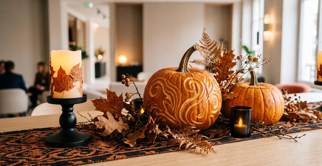 Gros plan sur une table de réception décorée pour Halloween en entreprise, avec citrouilles sculptées, bougies LED, feuillages d'automne et chemin de table noir et orange.