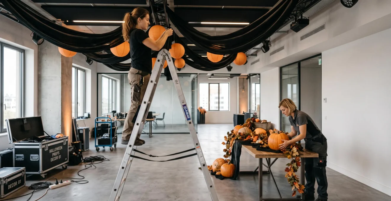 Deux décorateurs professionnels installent des décorations Halloween dans un espace événementiel d'entreprise, l'un sur échelle accrochant des drapés noirs et lanternes oranges, l'autre disposant des citrouilles sur une table de réception.