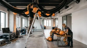 Deux décorateurs professionnels installent des décorations Halloween dans un espace événementiel d'entreprise, l'un sur échelle accrochant des drapés noirs et lanternes oranges, l'autre disposant des citrouilles sur une table de réception.