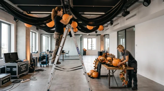 Deux décorateurs professionnels installent des décorations Halloween dans un espace événementiel d'entreprise, l'un sur échelle accrochant des drapés noirs et lanternes oranges, l'autre disposant des citrouilles sur une table de réception.